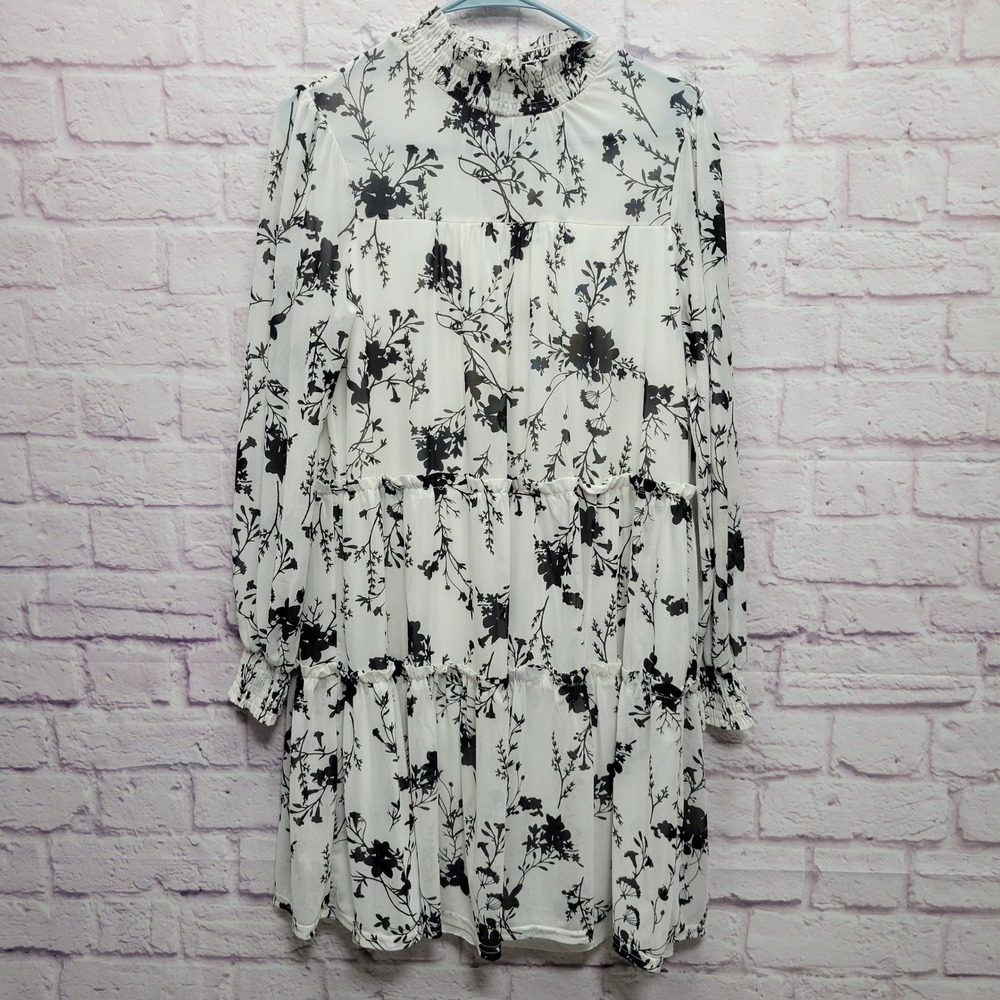 Ember Floral‎ Tiered Sheer Dress Size M Black White Lined Long Sleeve Mock Neck
